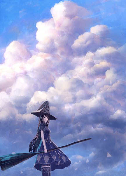 Anime picture 720x1000 with original bounin single long hair tall image looking at viewer fringe smile brown hair standing holding sky cloud (clouds) short sleeves witch girl thighhighs dress hat star (stars)