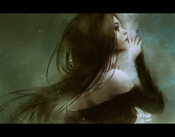 Anime picture 1400x1100 with original nanfe single long hair open mouth black hair bare shoulders signed looking away profile lips black eyes realistic finger to mouth dated dark background letterboxed pale skin makeup 2015