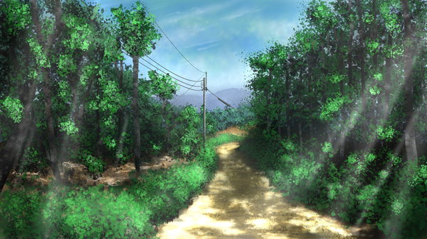 Anime picture 1920x1080 with original tsuruzen highres wide image no people landscape nature tree (trees) forest road pole