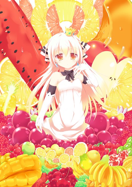 Anime picture 1984x2805 with original nibiiro shizuka long hair tall image highres absurdres white hair orange eyes girl dress gloves earrings elbow gloves food ring fruit berry (berries) apple strawberry cherry