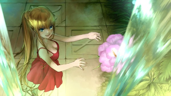 Anime picture 1920x1080 with original uyama hajime single fringe highres breasts blue eyes blonde hair wide image standing very long hair from above lips happy girl dress flower (flowers) plant (plants) water red dress