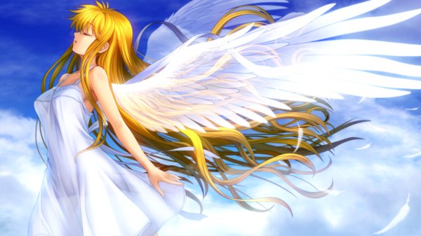 Anime picture 1600x900 with air key (studio) kamio misuzu mutsuki (artist) single long hair blonde hair wide image eyes closed girl wings feather (feathers) sundress