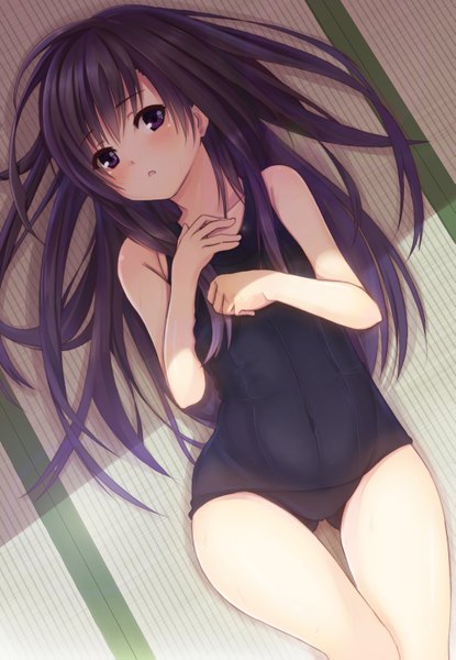 Anime picture 1001x1447 with original moe2014 fujiwara mizuki single long hair tall image looking at viewer blush open mouth light erotic purple eyes purple hair lying covered navel ass visible through thighs girl swimsuit one-piece swimsuit school swimsuit tatami