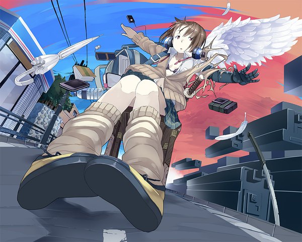 Anime picture 1125x900 with original tri (pixiv) short hair open mouth brown hair brown eyes looking away sky open clothes from below open shirt torn clothes spread arms angel wings closed umbrella girl gloves uniform weapon school uniform
