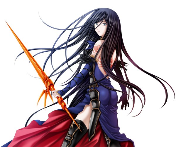 Anime-Bild 1920x1600 mit castlevania konami shanoa tamamon single long hair looking at viewer highres blue eyes black hair simple background white background tattoo girl weapon sword