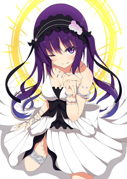 Anime picture 2508x3541 with fate (series) gochuumon wa usagi desu ka? fate/hollow ataraxia white fox tedeza rize euryale (fate) mottsun (i 40y) single long hair tall image blush highres smile purple eyes twintails bare shoulders cleavage purple hair one eye closed from above