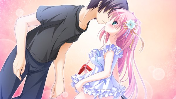 Anime picture 1024x576 with harumade kururu long hair blush short hair black hair wide image green eyes pink hair game cg couple almost kiss girl boy hair ornament sundress