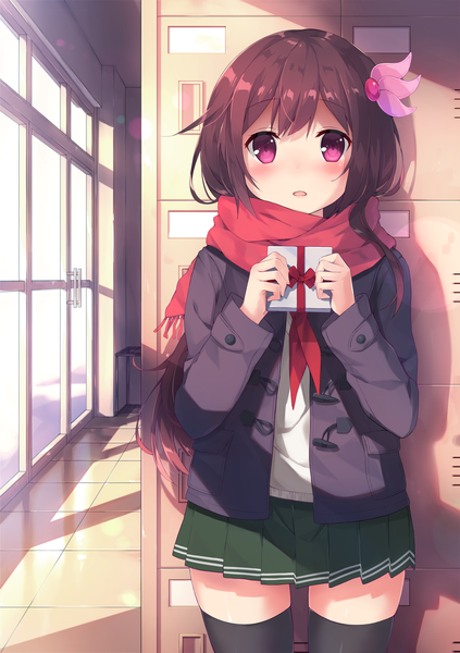 Anime picture 2039x2894 with kantai collection kisaragi destroyer ezoshika gg single long hair tall image looking at viewer blush highres open mouth brown hair standing indoors pleated skirt pink eyes sunlight zettai ryouiki valentine locker room girl