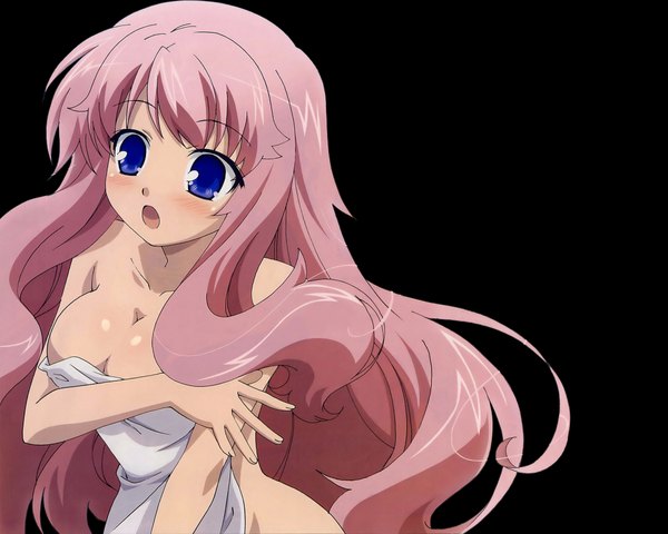 Anime picture 4375x3500 with baka to test to shoukanjuu silver link himeji mizuki single long hair blush highres breasts open mouth light erotic simple background purple eyes pink hair absurdres black background covering covering breasts girl