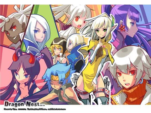 Anime picture 1280x960 with dragon nest archer (dragon nest) sorceress (dragon nest) cleric (dragon nest) warrior (dragon nest) ziyoling long hair open mouth blue eyes blonde hair smile red eyes purple eyes twintails multiple girls green eyes blue hair cleavage purple hair white hair