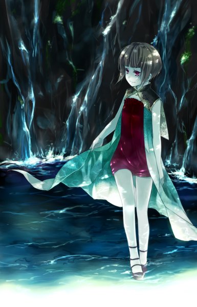 Anime picture 1258x1957 with original pixiv id 7260 tall image short hair smile brown hair purple eyes looking away walking waterfall dress plant (plants) water cloak grass red dress