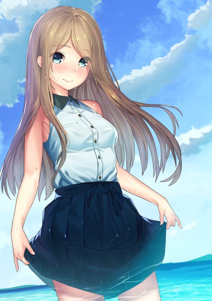 Anime picture 1276x1805 with original kagematsuri single long hair tall image looking at viewer blush breasts blue eyes smile brown hair bare shoulders holding sky cloud (clouds) outdoors pleated skirt armpit (armpits) wet dutch angle