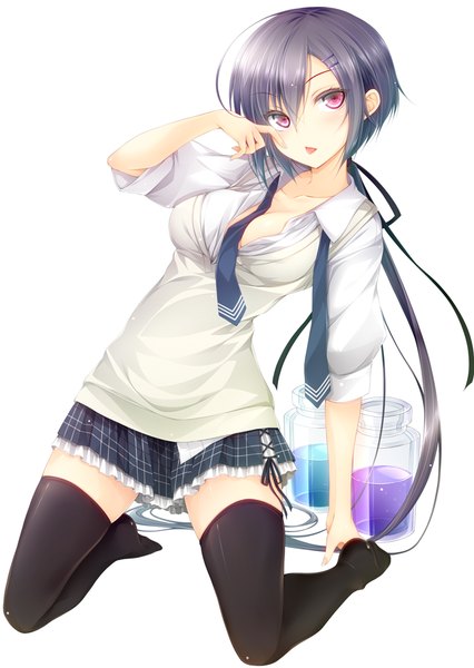 Anime picture 710x1000 with original luna lia single long hair tall image looking at viewer open mouth light erotic black hair simple background red eyes white background girl thighhighs skirt uniform black thighhighs school uniform shirt