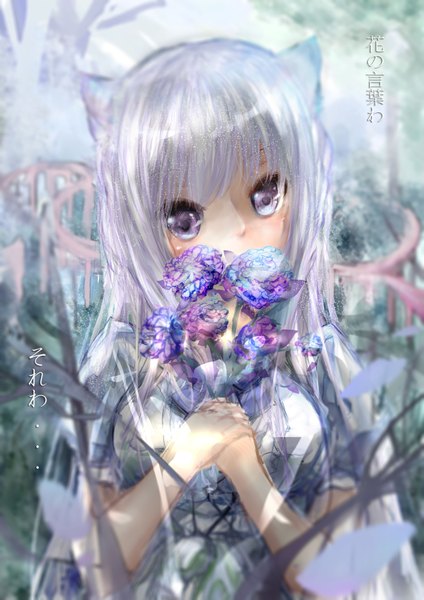 Anime picture 2480x3507 with original sanae (jomill04) single long hair tall image looking at viewer blush fringe highres breasts purple eyes animal ears grey hair cat ears girl flower (flowers) plant (plants) grass