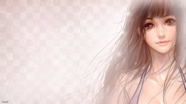 Anime picture 1920x1080 with original orry single long hair highres brown hair wide image brown eyes lips realistic checkered background girl