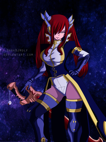 Anime picture 1200x1606 with fairy tail erza scarlet plue darkbjwolf single long hair tall image fringe smile red eyes red hair hair over one eye night sky hand on hip coloring girl weapon star (stars) cloak