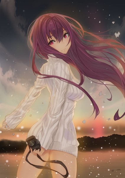Anime picture 612x869 with fate (series) fate/grand order scathach (fate) (all) scathach (fate) lloule single long hair tall image looking at viewer fringe breasts light erotic hair between eyes standing holding purple hair cloud (clouds) outdoors long sleeves pink eyes