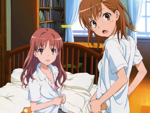 Anime picture 1600x1200 with to aru kagaku no railgun to aru majutsu no index j.c. staff misaka mikoto shirai kuroko tanaka haruka light erotic multiple girls open clothes open shirt undressing girl 2 girls