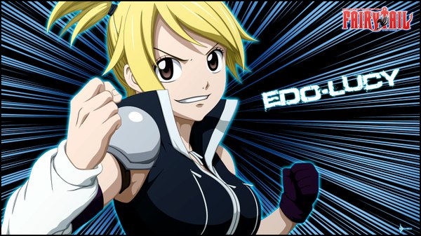 Anime picture 1920x1080 with fairy tail lucy ashley deiviscc single highres short hair blonde hair smile wide image brown eyes inscription coloring girl single glove fist