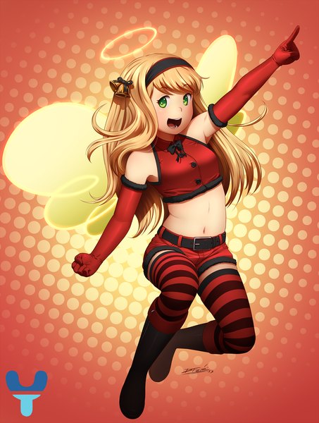 Anime picture 1134x1500 with original dfer single long hair tall image open mouth blonde hair smile green eyes bare belly armpit (armpits) midriff polka dot pointing insect wings polka dot background butterfly wings girl thighhighs gloves