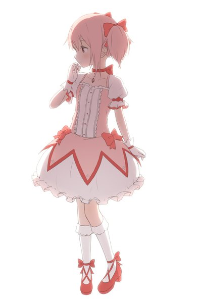 Anime picture 911x1399 with mahou shoujo madoka magica shaft (studio) kaname madoka nekoze (chatte secca) single tall image blush short hair simple background white background twintails pink hair profile pink eyes short twintails girl dress gloves bow hair bow