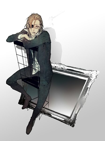 Anime picture 775x1036 with dogs: bullets & carnage david production badou nails mozilla (pixiv) single long hair tall image looking at viewer simple background blonde hair white background sitting brown eyes grey background shadow gradient background smoke framed smoking boy
