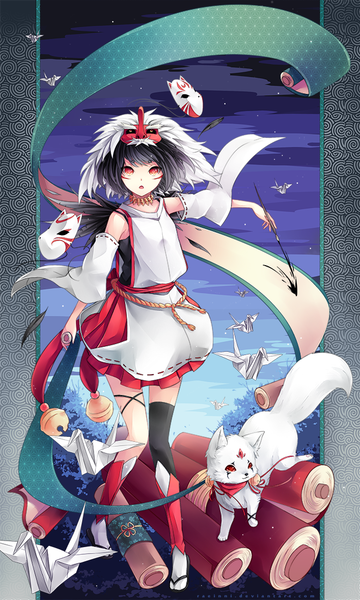 Anime picture 661x1100 with original raeinni single long hair tall image fringe open mouth holding traditional clothes mask on head face paint girl thighhighs ribbon (ribbons) detached sleeves animal fur mask single thighhigh musical note