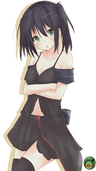 Anime picture 1000x1774 with pokemon nintendo saku (kudrove) tall image blush short hair black hair simple background white background bare shoulders green eyes girl thighhighs skirt navel black thighhighs miniskirt pokeball