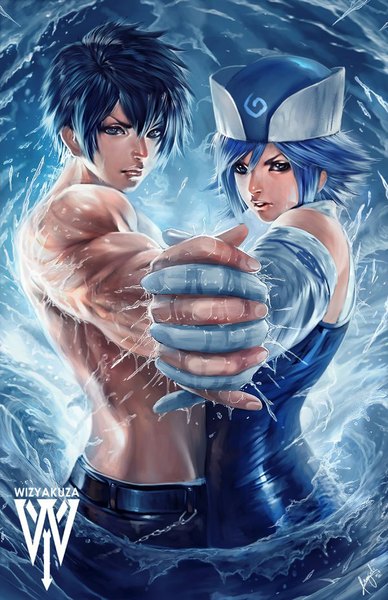 Anime picture 600x927 with fairy tail gray fullbuster juvia lockser wizyakuza tall image looking at viewer short hair blue eyes standing blue hair parted lips fingernails lips realistic wet sleeveless outstretched arm holding hands muscle shirtless