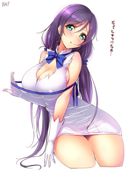 Anime picture 1093x1500 with love live! school idol project sunrise (studio) love live! toujou nozomi yu-ta single long hair tall image looking at viewer blush breasts light erotic large breasts bare shoulders green eyes purple hair parted lips inscription bare legs erect nipples