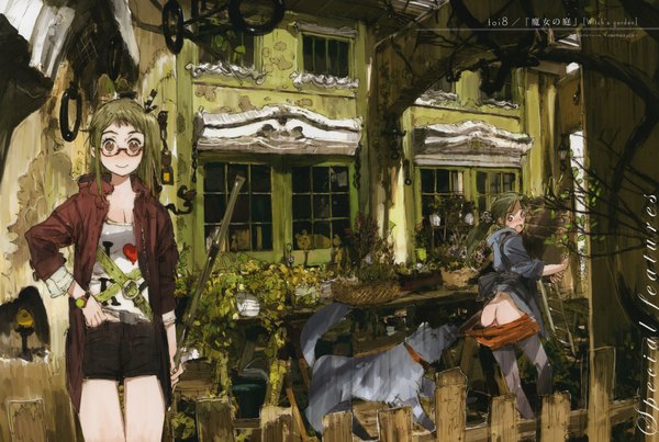 Anime picture 4480x3014 with 100 masters of bishojo painting (artbook) original humi (artist) long hair blush highres open mouth light erotic smile multiple girls brown eyes absurdres ass green hair scan girl flower (flowers) 2 girls plant (plants) glasses