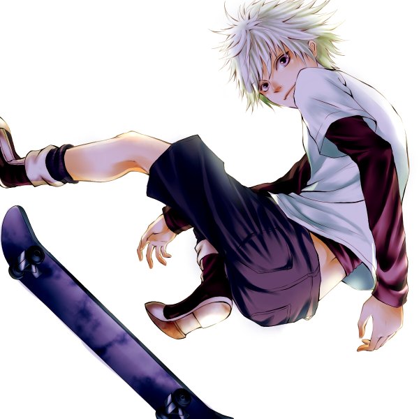 Anime picture 1200x1200 with hunter x hunter killua zaoldyeck tagme (artist) single looking at viewer short hair simple background smile white background white hair grey eyes jumping socks shorts black socks skateboard