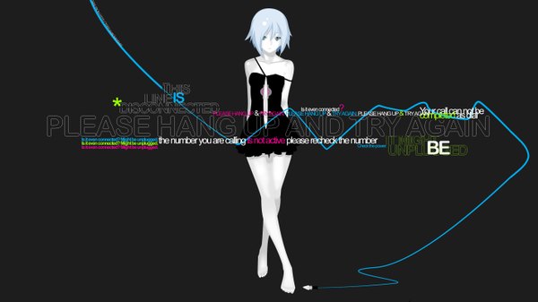 Anime picture 2844x1600 with original nagi ryou nisec (nise) single looking at viewer highres short hair blue eyes wide image bare shoulders blue hair barefoot inscription crossed legs hands behind back third-party edit girl dress black dress short dress