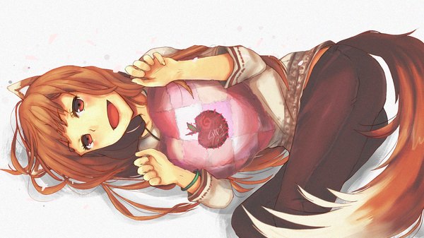 Anime picture 1920x1080 with spice and wolf horo sheepfold (gashadokuro) long hair looking at viewer blush fringe highres open mouth simple background smile red eyes brown hair wide image animal ears tail animal tail wolf ears wolf tail girl