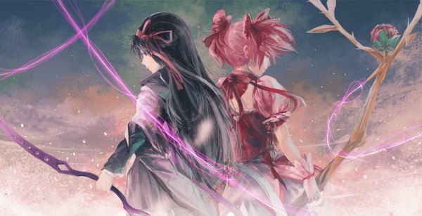 Anime picture 1246x639 with mahou shoujo madoka magica shaft (studio) akemi homura kaname madoka nurikabe long hair short hair black hair wide image twintails multiple girls pink hair eyes closed from behind back short twintails girl bow ribbon (ribbons) 2 girls