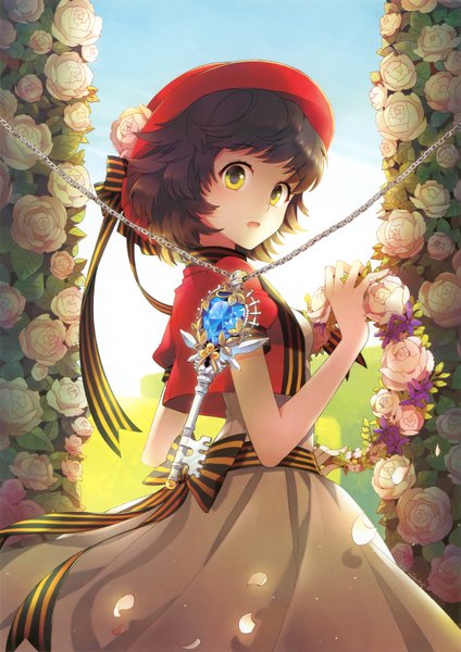 Anime picture 2327x3296 with original nardack single tall image highres open mouth brown hair yellow eyes looking back girl dress flower (flowers) ribbon (ribbons) hat jewelry wreath