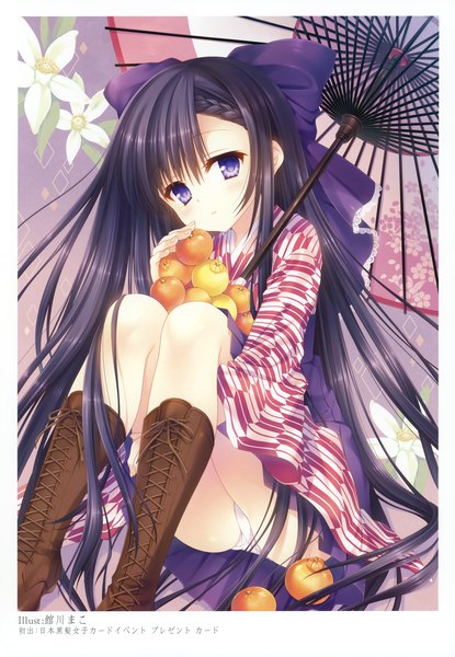 Anime picture 2406x3475 with original tatekawa mako single long hair tall image looking at viewer highres blue eyes light erotic black hair sitting scan pantyshot sitting girl flower (flowers) bow hair bow umbrella fruit orange (fruit)