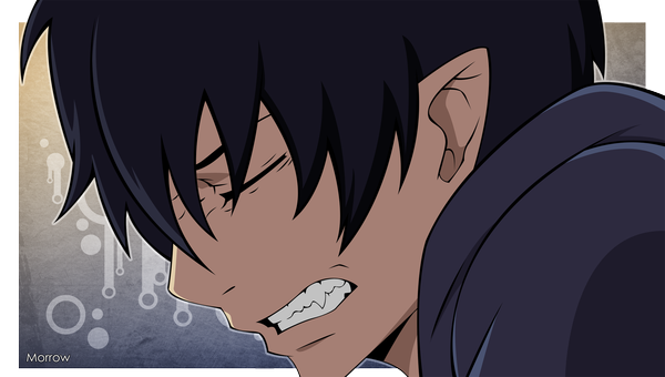 Anime picture 2000x1134 with ao no exorcist a-1 pictures okumura rin morrow single highres short hair open mouth black hair wide image eyes closed profile pointy ears teeth border close-up vector clenched teeth sharp teeth boy