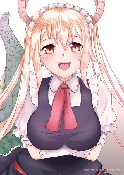 Anime picture 1280x1810 with kobayashi-san chi no maidragon kyoto animation tooru (maidragon) haylee lauren single long hair tall image looking at viewer blush fringe breasts open mouth light erotic simple background blonde hair smile hair between eyes large breasts twintails signed