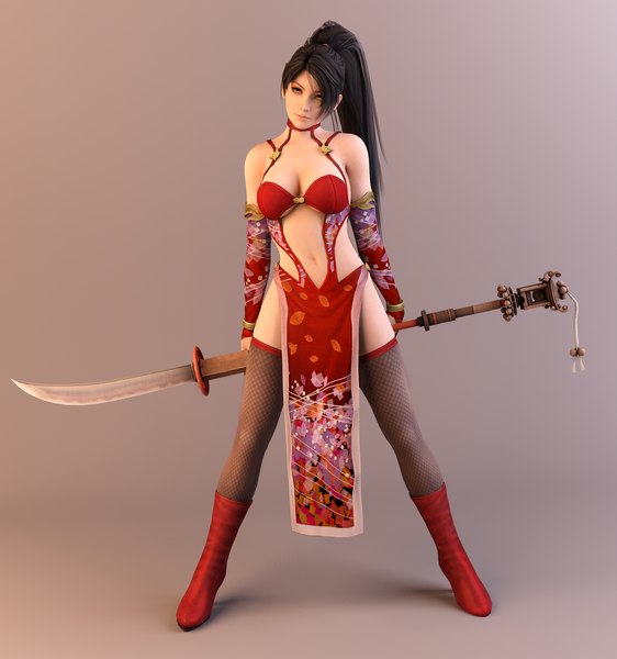 Anime picture 1780x1900 with dead or alive ninja gaiden momiji (ninja gaiden) dnxpunk single long hair tall image highres breasts light erotic black hair simple background ponytail lips grey background orange eyes 3d girl thighhighs navel