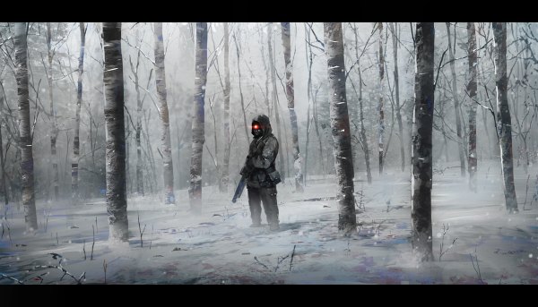 Anime picture 1200x686 with original seafh (artist) single wide image standing wind glowing snowing letterboxed winter snow bare tree weapon plant (plants) tree (trees) gun hood forest gas mask