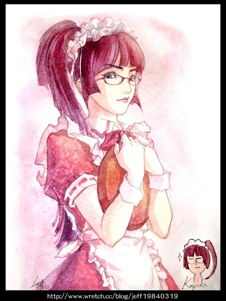 Anime picture 770x1024 with loiza single long hair tall image looking at viewer black hair ponytail black eyes maid girl dress glasses tray
