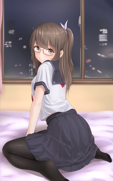 Anime picture 900x1440 with original minagiku single long hair tall image looking at viewer blush fringe smile brown hair bent knee (knees) ponytail pleated skirt looking back no shoes city cityscape city lights girl skirt