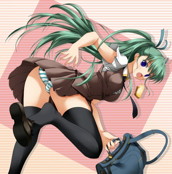 Anime picture 1024x1034 with aria alice carroll funiki kumi long hair tall image open mouth blue eyes light erotic green hair girl thighhighs underwear panties black thighhighs serafuku necktie school bag