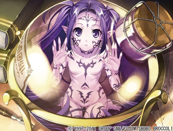 Anime picture 1748x1329 with original ikeda yasuhiro single long hair highres light erotic purple eyes purple hair from above nude pointy ears tattoo looking up face paint minigirl girl navel book (books) hands