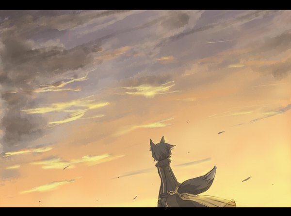 Anime picture 2000x1485 with original ganesagi single highres short hair black hair animal ears sky cloud (clouds) tail from behind back scenic morning girl gloves cloak