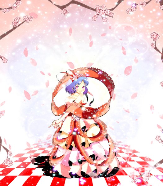 Anime picture 2800x3200 with touhou nagae iku honteri mirin (artist) single tall image highres short hair bare shoulders purple hair pink eyes checkered floor girl dress petals