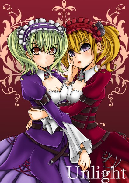 Anime picture 2480x3507 with unlight sheri donita cuizilan tall image looking at viewer blush highres short hair blonde hair purple eyes multiple girls brown eyes green hair maid girl 2 girls
