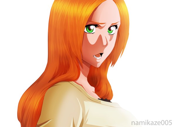 Anime picture 2000x1453 with bleach studio pierrot inoue orihime miguelnamikaze005 single long hair highres open mouth simple background white background green eyes orange hair coloring portrait face girl