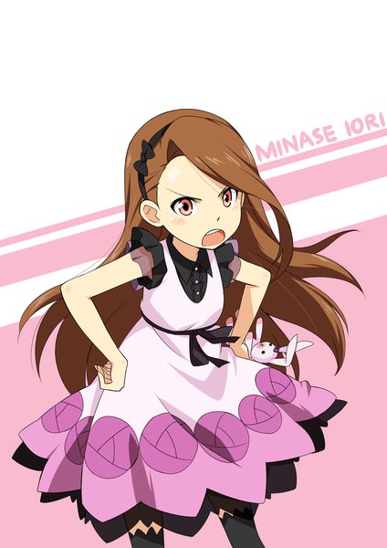 Anime picture 1500x2121 with idolmaster minase iori cutefreak single long hair tall image blush open mouth brown hair brown eyes girl thighhighs dress black thighhighs hairband